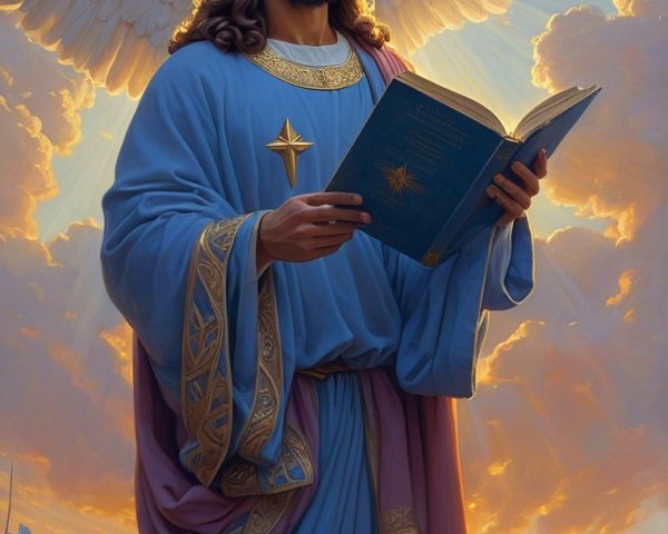 Angelic Figure in Blue Robe Against Radiant Sky