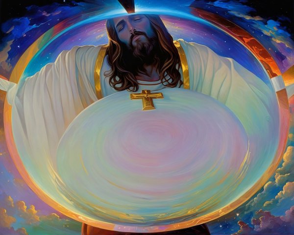 Serene figure in white and gold robes within colorful orb