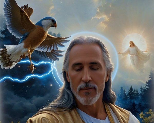 Serene male figure in golden robes with dramatic skies