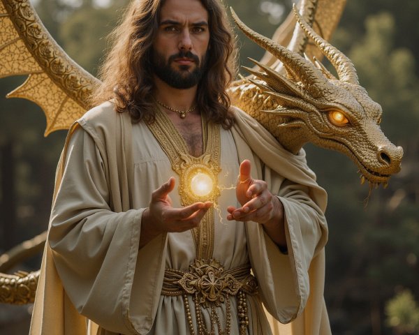 Mystical figure with orb and golden dragon in woods