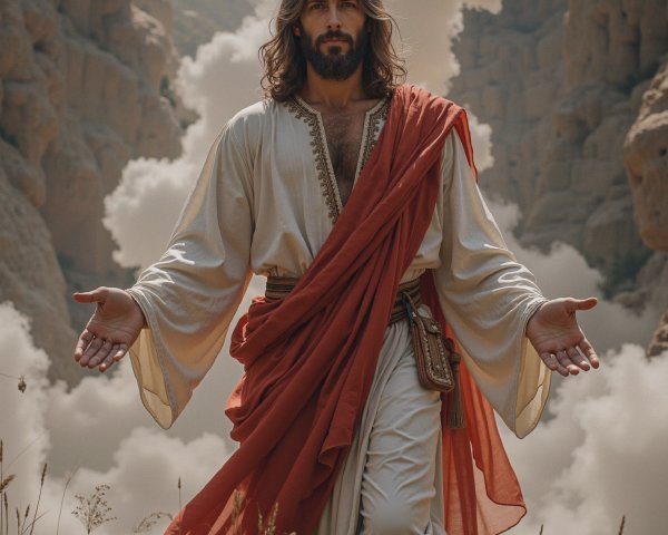 Serene Figure in Flowing Robes Amidst Dramatic Landscape