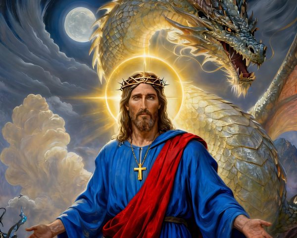Jesus Christ in Robe with Dragon and Full Moon Background
