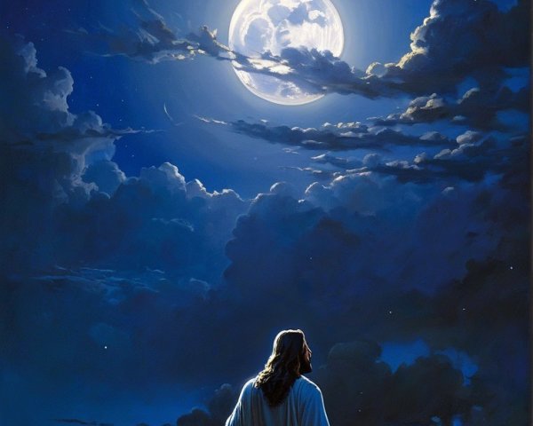 Serene Night Scene with Figure and Luminous Moon