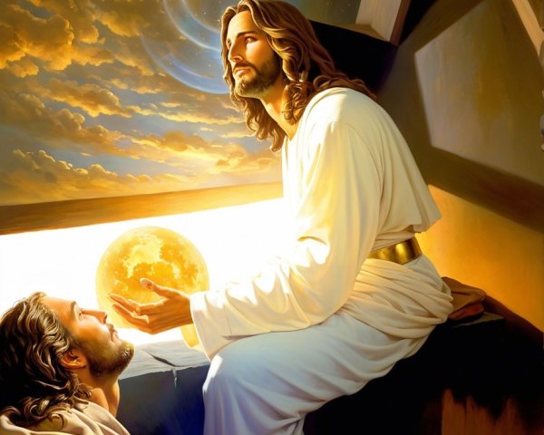 Celestial Scene with Jesus and Cosmic Elements