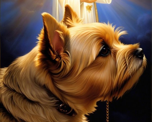 Golden-haired dog in profile with celestial figure