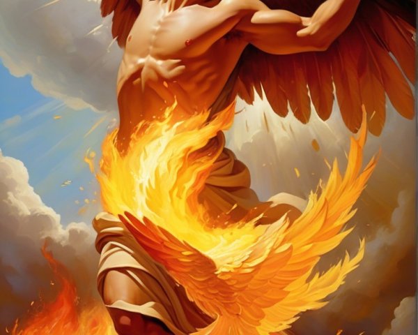 Radiant figure with fiery wings in a cloud backdrop