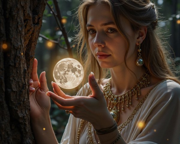Young woman in mystical forest with glowing moon orb