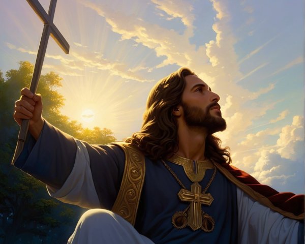 Serene Jesus Christ Figure with Cross at Sunrise