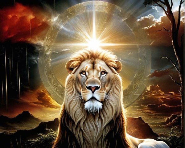 Majestic lion in dramatic landscape with radiant light