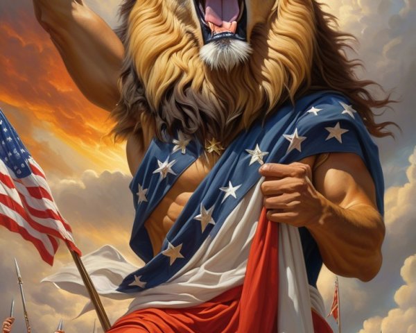 Anthropomorphic lion with American flag and crowd of lions
