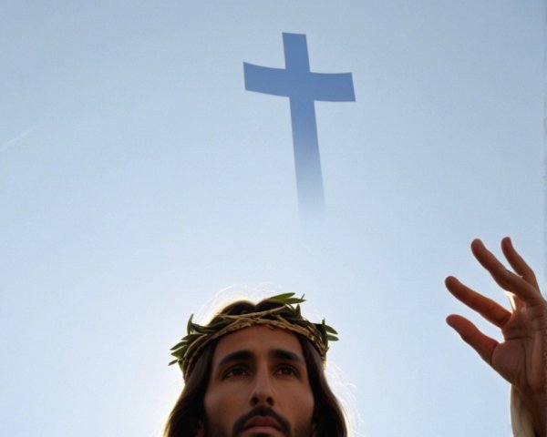 Biblical Figure with Crown of Thorns and Cross in Sky