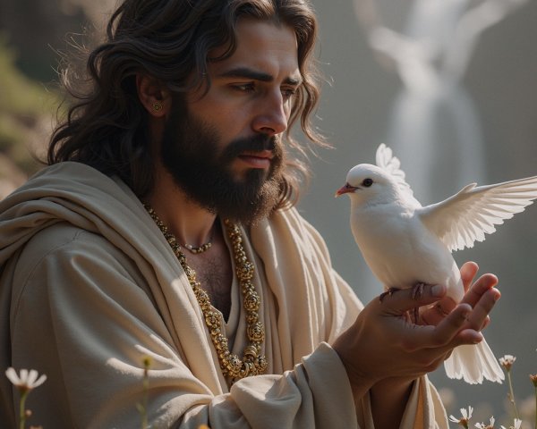 Serene Man with Dove in Lush Green Landscape
