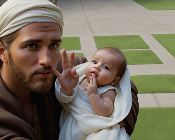 Serene Outdoor Scene with Young Man and Baby