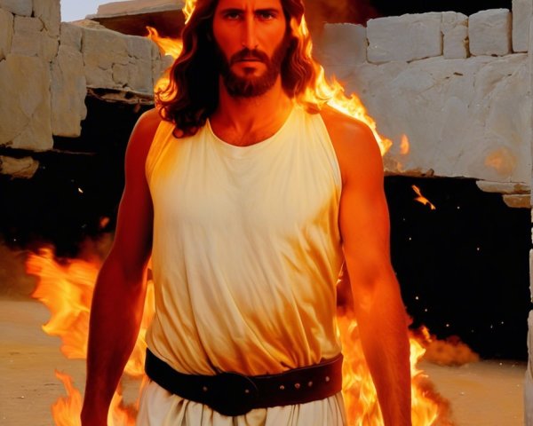 Powerful Figure in White Robe Amidst Fiery Landscape