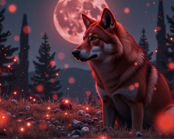 Wolf Under Full Moon in Enchanted Night Landscape