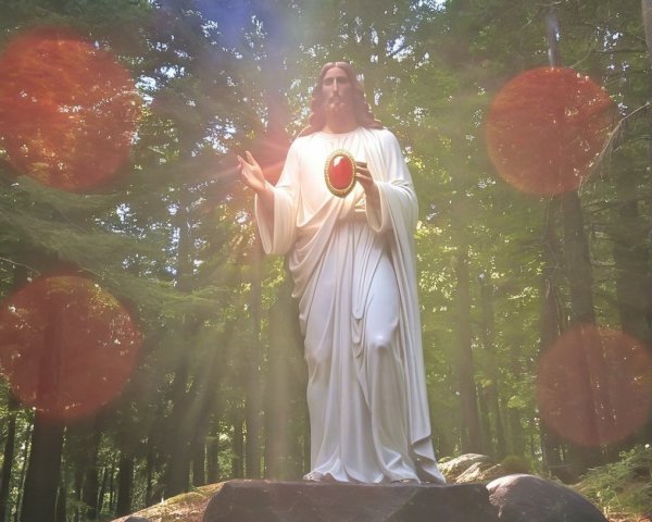 Serene Jesus Statue in Lush Forest Setting