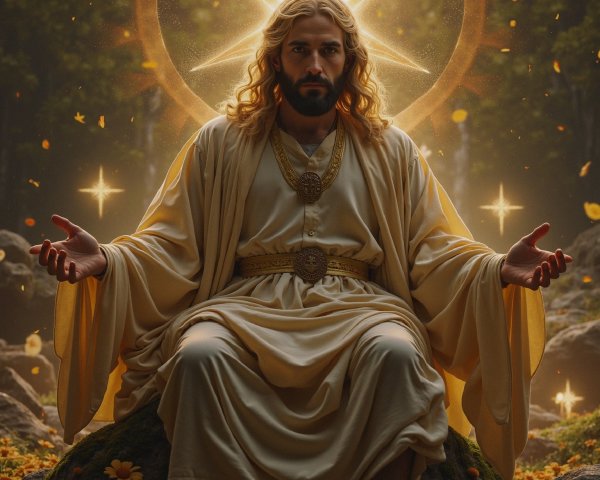Serene Figure in Golden Robe Surrounded by Nature