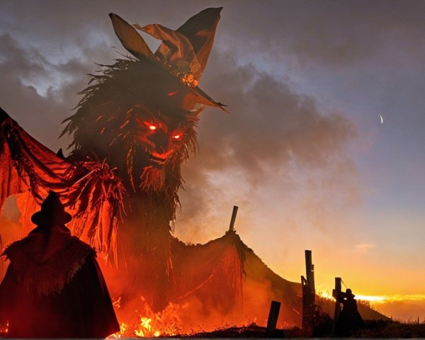 Ominous Figure Against Sunset with Hooded Observer