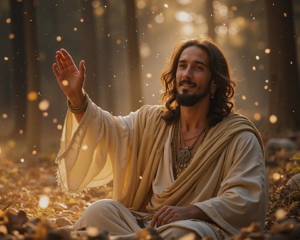 Tranquil Forest Scene with Serene Figure in Robes