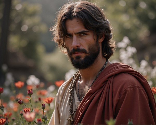 Young man in a flower field with serene expression