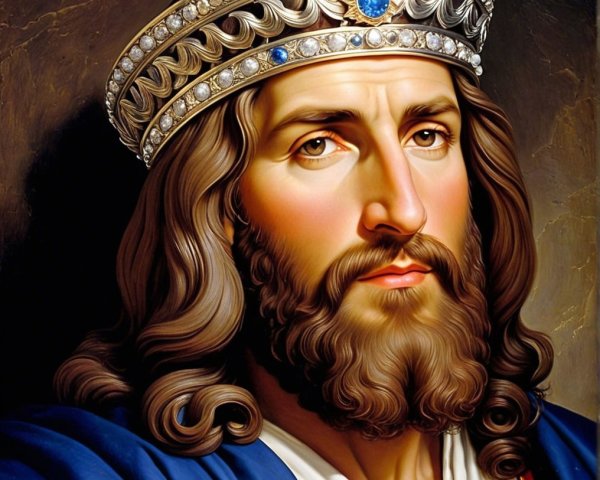 Regal Figure in Blue Robes with Crown and Jewels