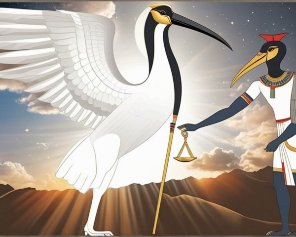 White Heron and Egyptian Figure Symbolizing Harmony