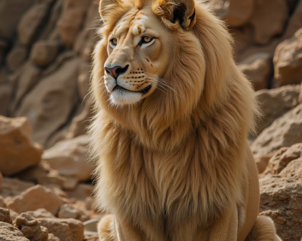 Majestic lion resting on rocky terrain with golden mane