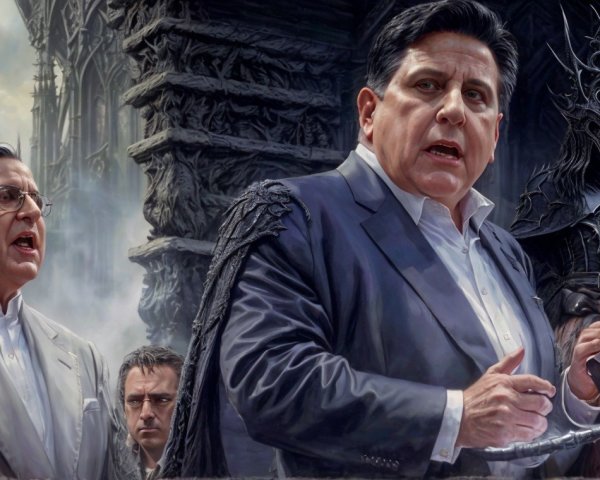 Dramatic Gothic Scene with Central Figure in White Suit