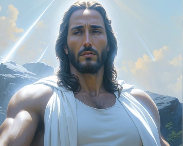 Muscular Figure in White Garment Amid Radiant Light