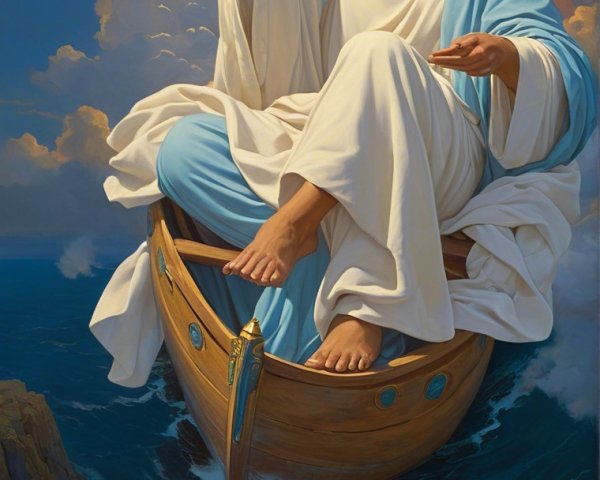 Serene Divine Figure in a Boat Among Turbulent Waves