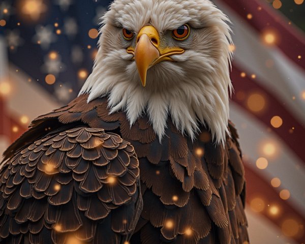 Bald Eagle with Textured Feathers and American Flag