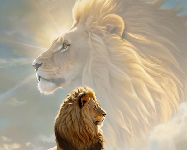 Regal Lion with Ethereal Visage in Dreamlike Scene