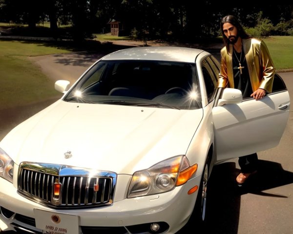 Man in golden jacket beside luxury car in park