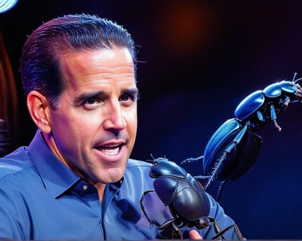 Man in Blue Shirt Holds Large Insect in Theatrical Setting