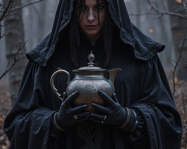 Cloaked Figure in Foggy Forest with Silver Teapot