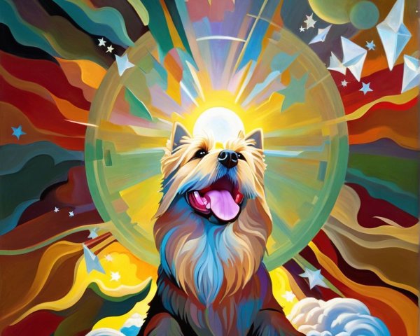 Colorful Painting of a Joyful Dog on Clouds