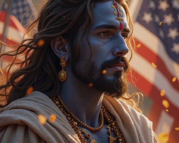 Man with Blue Skin in Traditional Indian Attire