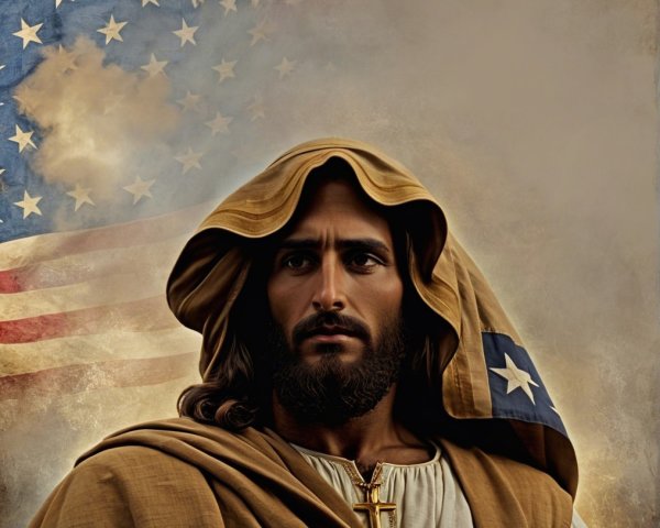 Religious Figure with American Flag Background