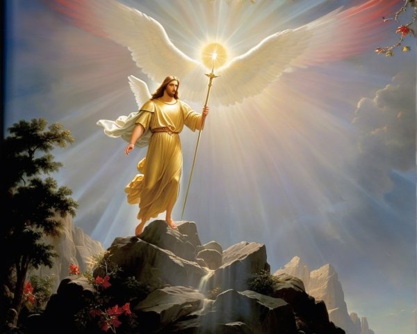 Majestic Figure with Wings and Radiant Staff in Nature