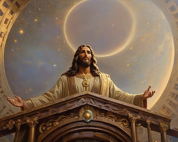 Majestic figure on ornate platform with celestial backdrop