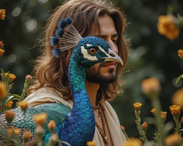 Portrait of a man with long hair among yellow flowers
