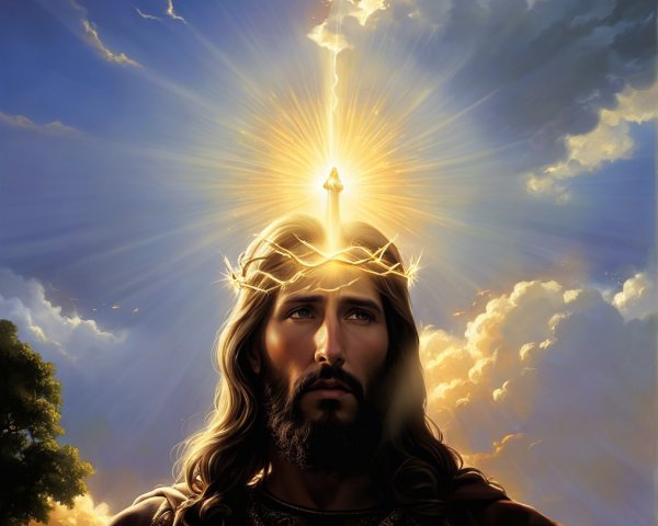Majestic Christ Figure Against Radiant Sky and Clouds