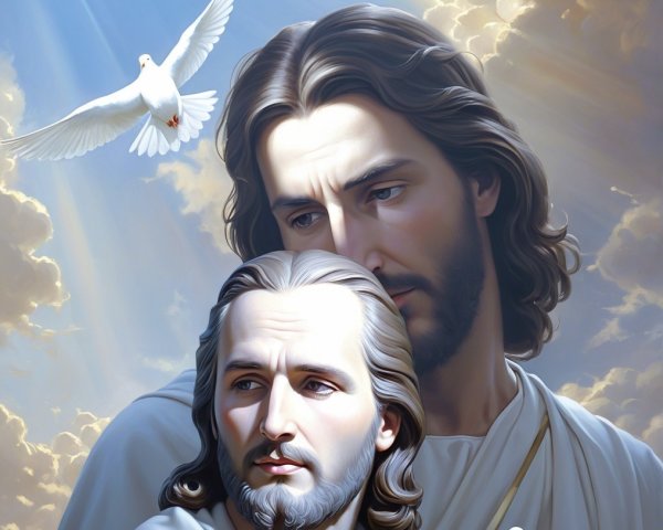 Serene Figures with Dove in Cloudy Light Background