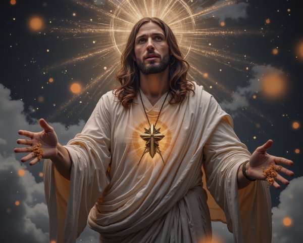 Serene divine figure in flowing robes with glowing light