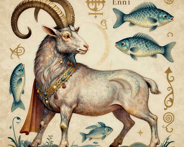 Detailed Artwork of a Majestic Capricorn with Fish