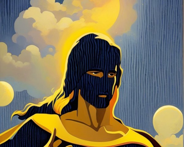 Stylized Figure with Halo in Celestial Background