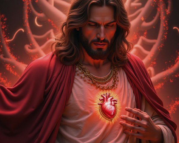 Serene figure in red and white with glowing heart