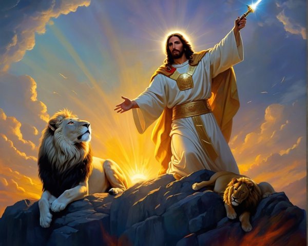 Divine Figure in White Robe with Lions and Sword