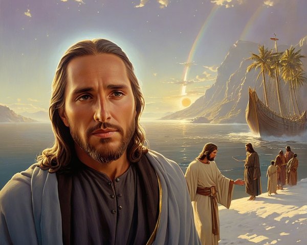 Serene Coastal Sunset with Figures and Ship