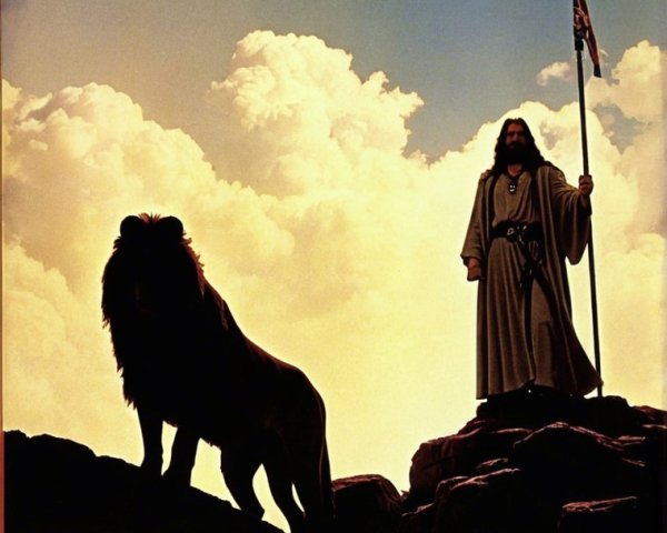 Lion and Figure in Dramatic Golden Sky Scene